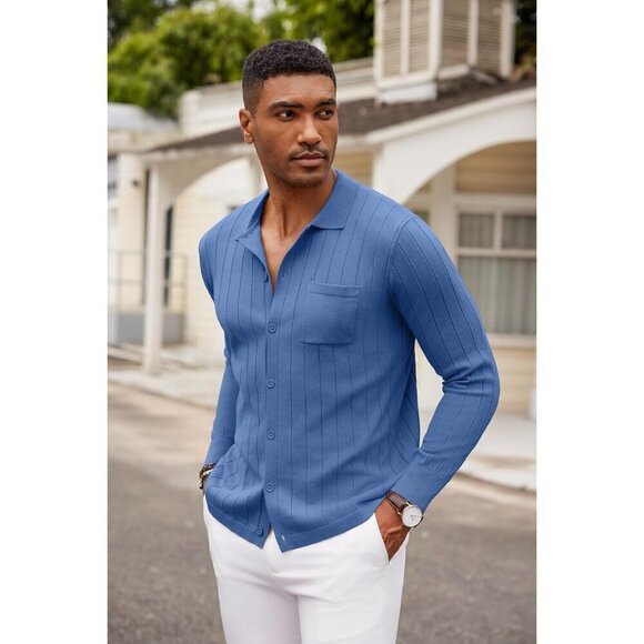Men Blue Casual Knit Polo Shirt Long Sleeve Button Down Sweater Polo with Pocket - Picture 4 of 9